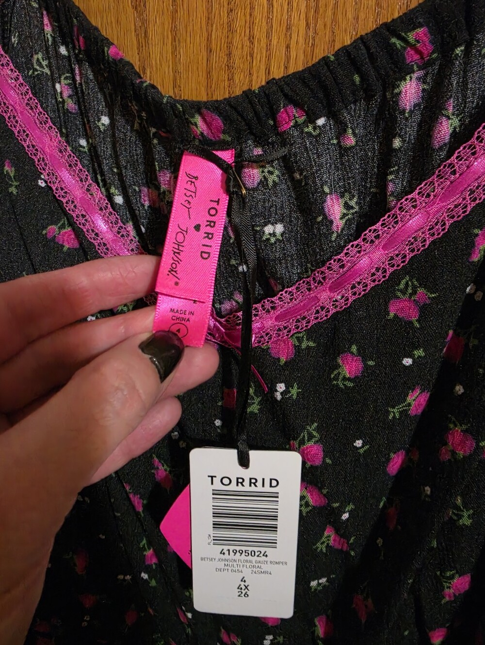 Betsey Johnson Black Romper with Hot Pink Floral Print - Picture 5 of 7